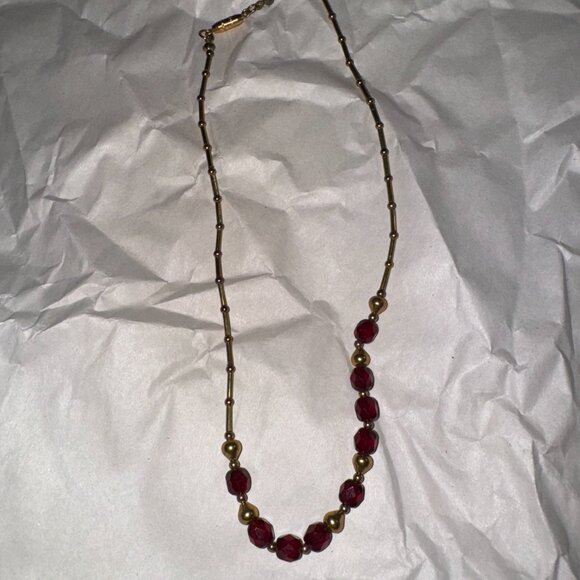 15" Red and Gold Handmade Beaded Necklace - Picture 9 of 13